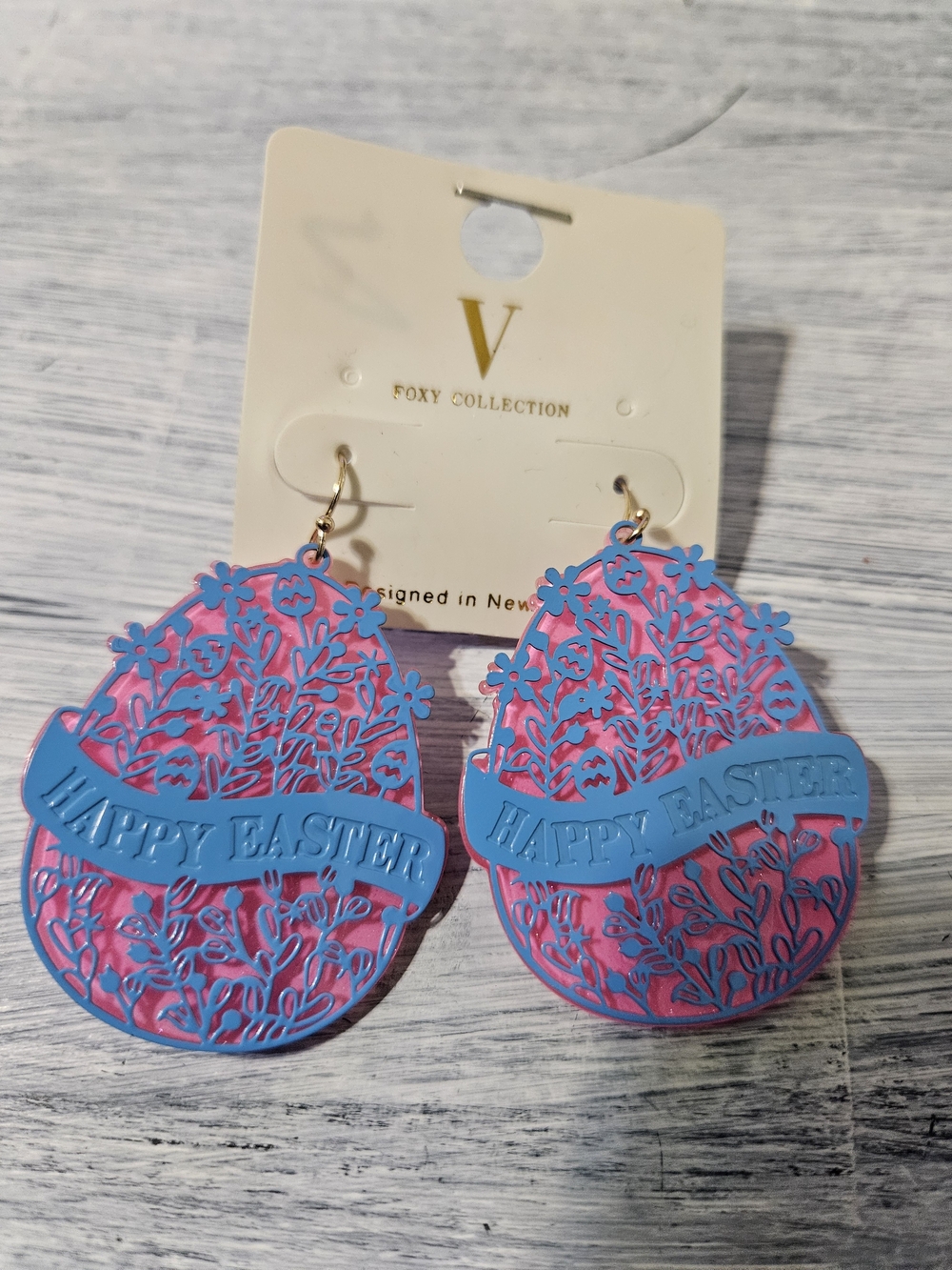 V Foxy Collection Pink & Blue 'Happy Easter' Floral Egg Earrings